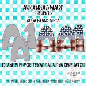 May include: Digital design featuring the text "ARKANSAS MADE PRESENTS ROSA BLANK ALPHA" and "BLANK FILES FOR TEXAS GAL ALPHA GENERATOR". The image includes the letters "AA" in a patriotic design and gray letter "A" and number "1". The background is a blue and white checkered pattern.