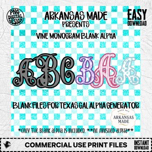 May include: Digital design featuring the text "ARKANSAS MADE PRESENTS VINE MONOGRAM BLANK ALPHA." The image showcases the letters A, B, and C in a vine monogram style, along with the letters B and A. The background is a blue and white checkered pattern.