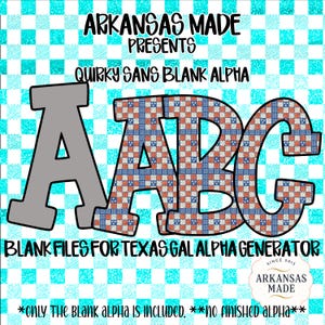 May include: A digital graphic featuring the letters "ABC" in a bold, quirky font. The letter "A" is gray, while "B" and "C" are filled with a red, white, and blue plaid pattern. The image includes the text "ARKANSAS MADE PRESENTS QUIRKY SANS BLANK ALPHA".