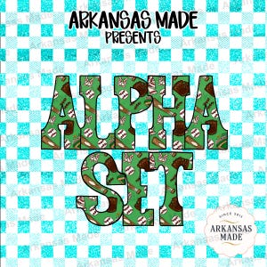 May include: A digital graphic featuring the text ARKANSAS MADE PRESENTS ALPHA SET in black, with letters filled with a green pattern of baseballs, bats, and gloves. The background is a light blue and white checkered pattern with glitter texture.