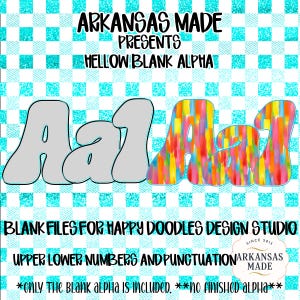May include: Digital design files featuring the text "ARKANSAS MADE PRESENTS HELLOW BLANK ALPHA." The image includes the letters "Aa1" in a gray outline, and "Aa1" in a colorful, vertical brushstroke design. Text at the bottom reads "BLANK FILES FOR HAPPY DOODLES DESIGN STUDIO."