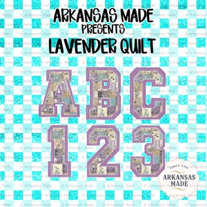 Lavendel Quilt Alpha PNGs, Shabby Chic Blommigt Patchwork Bokstäver & Siffror, Cottagecore Alfabet Sublimeringsdesign, Digitala Faux Stygn