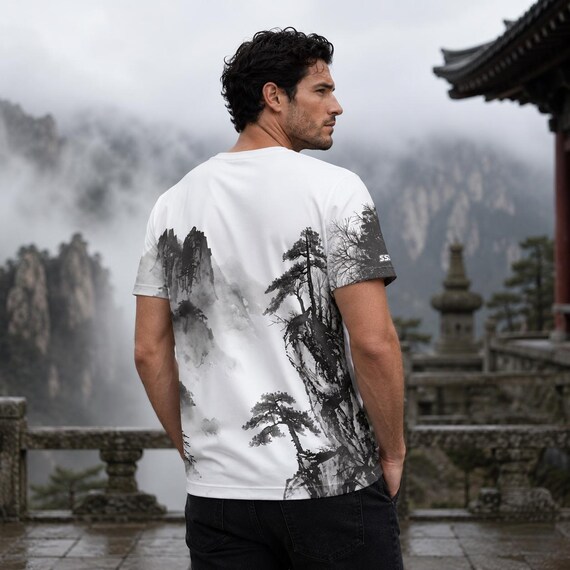 Ink Wash, Chinese Landscape, Serene Mountain Mist Pine Brush Art T-shirt