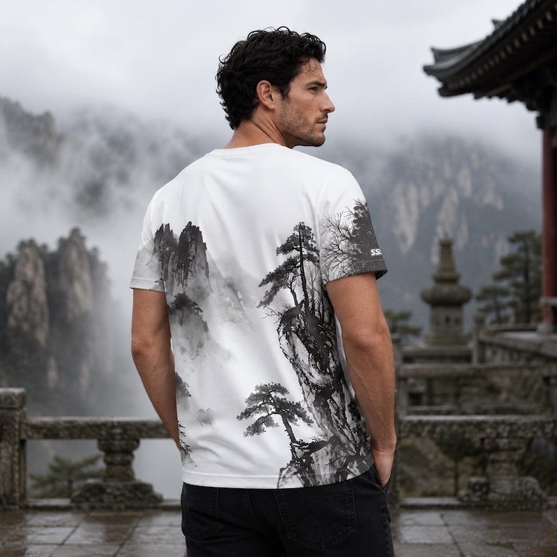 May include: A white short-sleeved t-shirt featuring a black and gray ink wash style landscape print. The graphic depicts misty mountains, rocky cliffs, and pine trees covering the back and side of the garment. The fabric is smooth and lightweight.