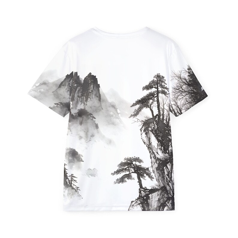 Ink Wash, Chinese Landscape, Serene Mountain Mist Pine Brush Art T-shirt image 15