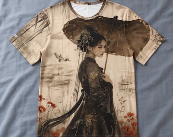 Elegant Ink-Wash Parasol Maiden Crane Lotus Sepia Asian Fantasy Portrait Art T-shirt