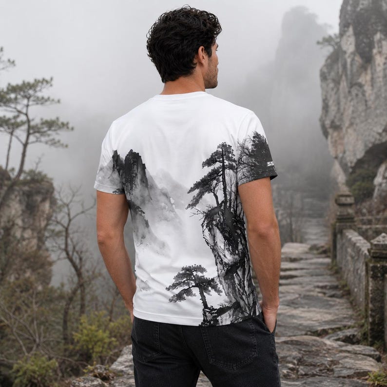 May include: A white short-sleeve t-shirt featuring a black and grey ink wash style landscape print. The graphic depicts misty mountains and pine trees extending across the back and side. The shirt has a crew neckline and a small logo on the sleeve.