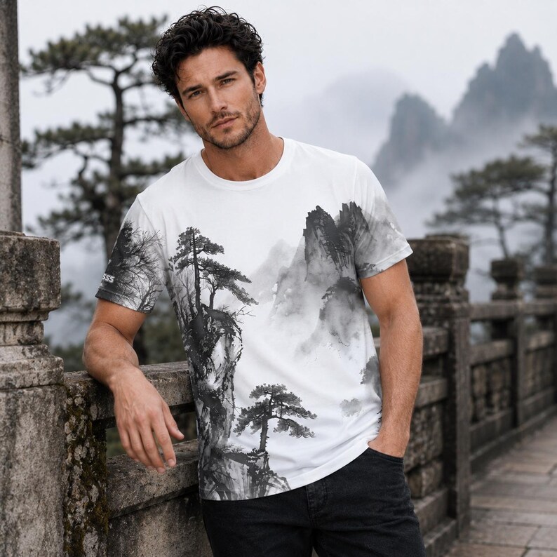 May include: A white short-sleeve t-shirt featuring a black and gray ink wash style landscape print. The graphic depicts jagged mountain peaks, pine trees, and misty valleys, extending across the front and onto the sleeve of the garment.