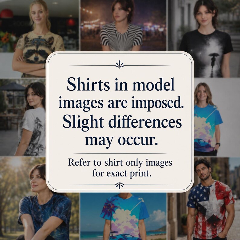 May include: A collage of various t-shirts featuring diverse graphic prints worn by different individuals. The central text reads: Shirts in model images are imposed. Slight differences may occur. Refer to shirt only images for exact print.
