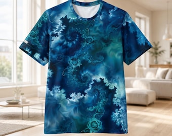 Hypnotic Blue Teal Fractal Ocean Swirl Psychedelic Abstract Art T-shirt