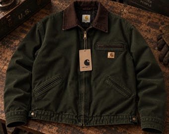 Carhartt J97 MOS Detroit Jacket | Vintage Moss Green Sandstone Duck Canvas Workwear Jacket | Blanket Lined Men's Detroit Coat
