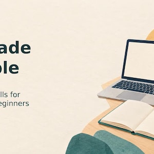 May include: A laptop with a blank screen, an open notebook, a pen, and a coffee mug on a desk. The text reads AI Made Simple and Practical skills for everyday beginners. A potted plant sits in the corner of the workspace on a light background.