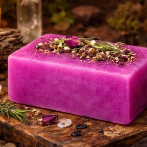 May include: A magenta soap bar, rectangular in shape, decorated with dried flowers and herbs. The soap sits on a rustic wooden surface, with a candle and other items in the background. The soap is approximately 10 cm long.