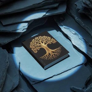 May include: A black journal with a gold tree design. The tree has a detailed trunk, branches, and leaves. The journal is centered on a blue surface, surrounded by dark gray slate.