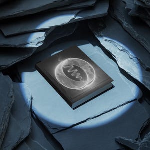 Peut inclure: Un livre sombre avec un motif blanc brillant sur la couverture, représentant deux cercles concentriques et une ligne ondulée. Le livre est éclairé par un projecteur, entouré de dalles d'ardoise gris foncé.