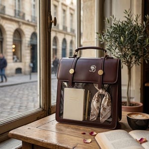 Puede incluir: Un bolso de cuero marrón oscuro con un panel frontal transparente, que muestra un cuaderno, un bolígrafo y una bufanda. El bolso tiene detalles dorados y un asa. También se ven una taza de café, un libro abierto y una escena callejera.