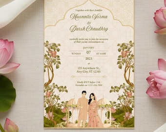 Plantilla de invitación de boda india / Invitación ilustrada tradicional / Imagen y video editables (Canva) Plantilla GRATIS