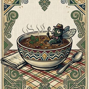 Impressão retrô de moça na sopa  | Decoração de parede original para sua casa | Arte divertida com mosca  | Download digital