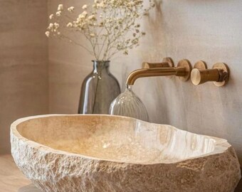 Oval Rustic Marble Sink Bowl, Luxury Travertine Vessel Basin, Handmade Stone Bathroom Sink, Japandi Minimalist Vanity Decor