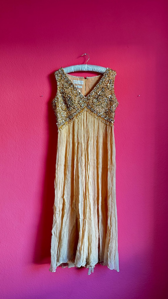 Marianne von der Osten 1970s Embroidered Dress – Peach Crepe Vintage Designer Dress – Elegant Retro Dress – Size M L