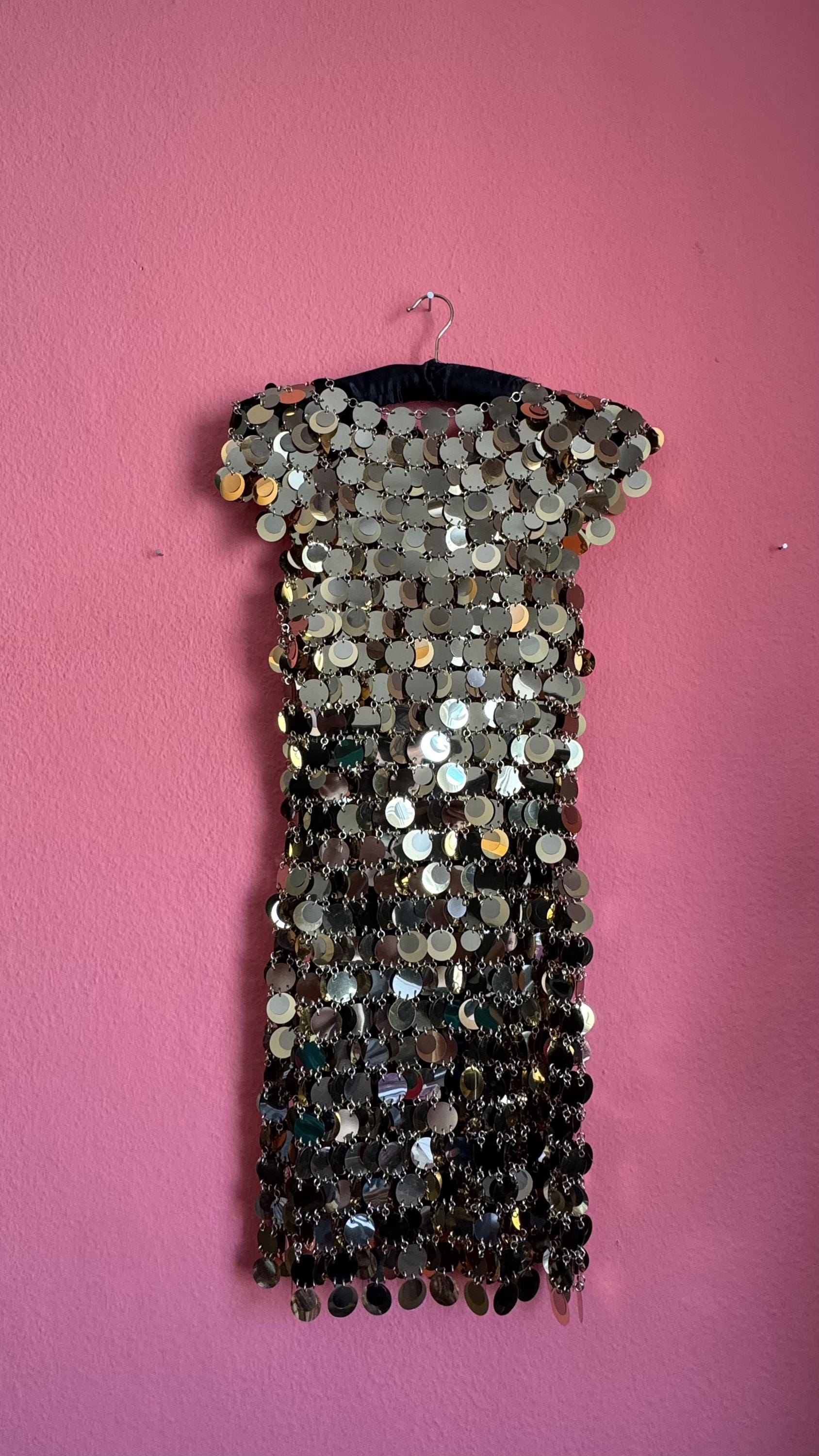 Paco Rabanne Gold Disc Chainmail Mini Dress – 1990s Designer Evening Party Dress Gold XS/S Size 38