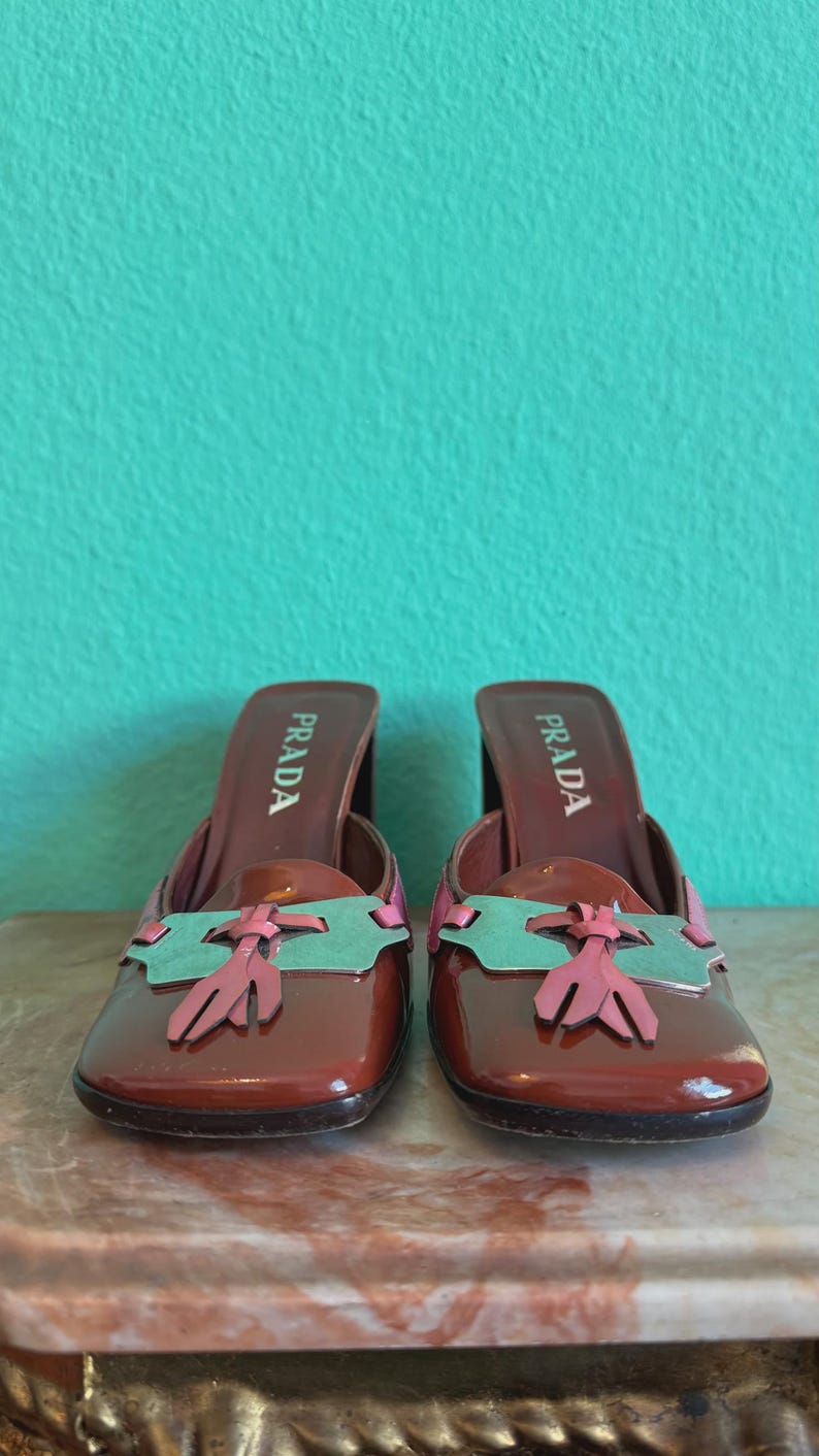 May include: A pair of brown leather Prada mules with a square toe and a block heel. The shoes feature a decorative design in pink and green on the vamp. The Prada logo is visible on the insole.