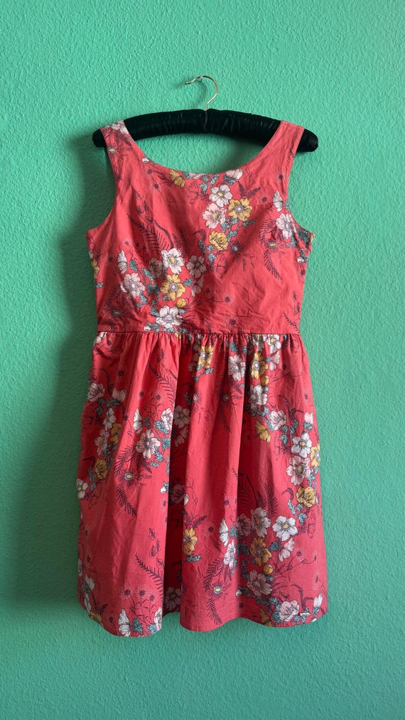Pepe Jeans, Vintage 2000s Pepe Jeans Cotton Floral Sundress – Coral Y2K Summer Dress | Romantic Mini Dress Women M