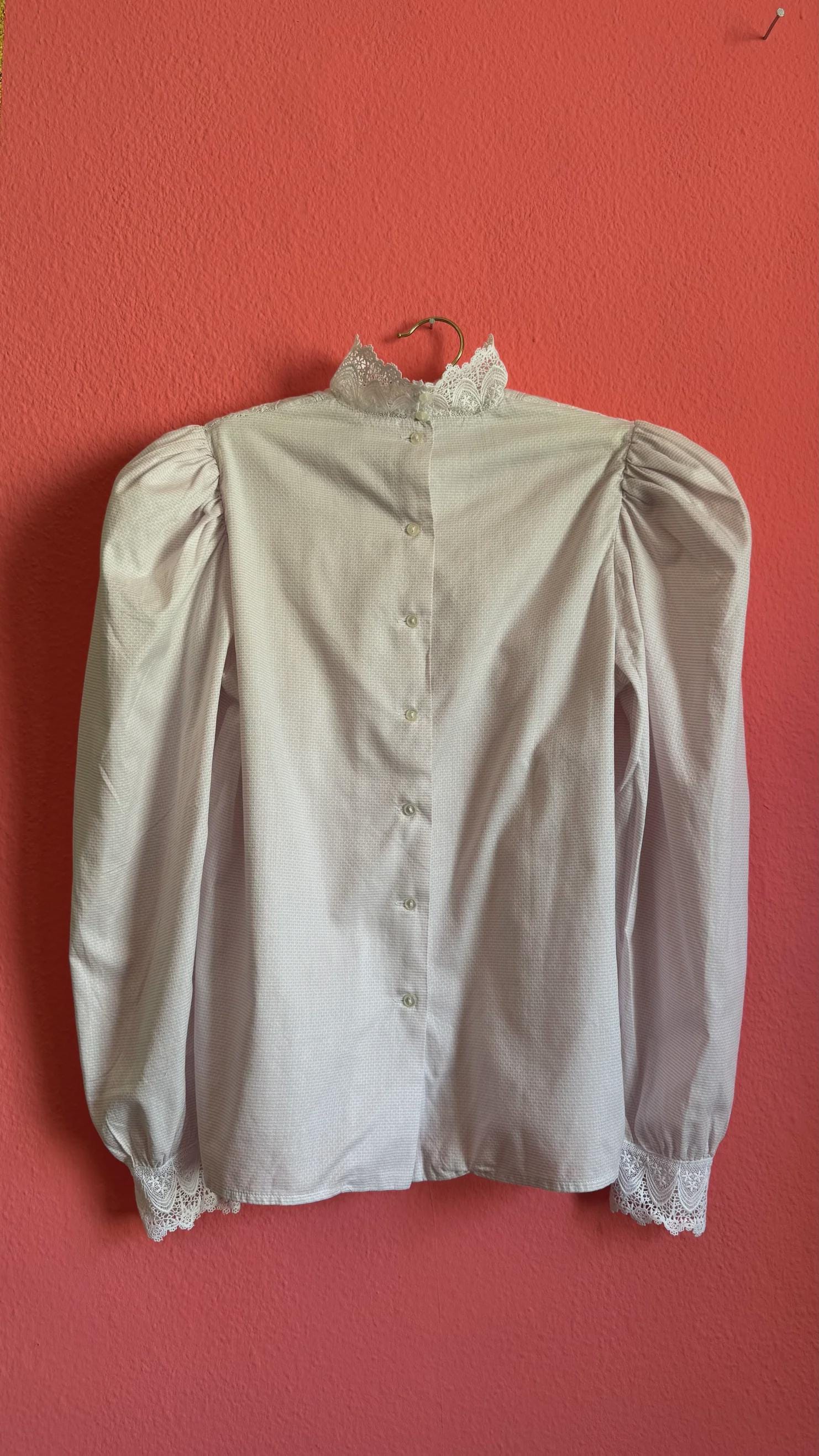 Vintage Gossl Cotton Lace Tracht Blouse - 1980s Ivory High Neck Puff Sleeve Dirndl Shirt - Women's M