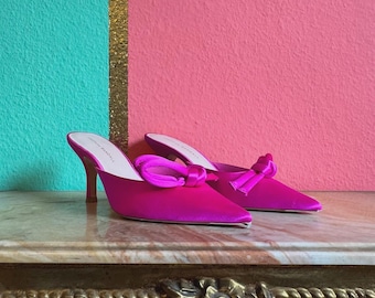 Vintage Loeffler Randall Fuchsia Satin Bow Mules – 2000s Pointed Toe Kitten Heels EU 39 US 8
