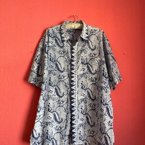 Vintage 1970s Indigo Batik Cotton Shirt – Men's Short Sleeve Boho Pattern Shirt – XL