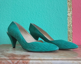 Gianni Versace Teal Suede Slingback Heels Vintage – 1980s Designer Pumps – Luxury Leather Shoes EU 37