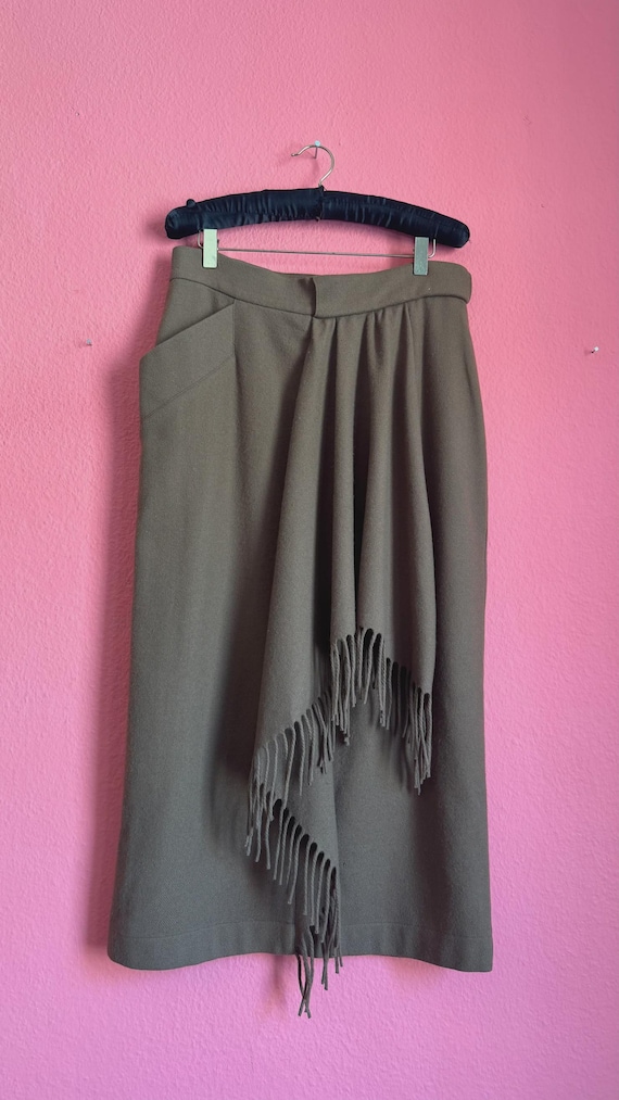 Byblos, Vintage Byblos Wool Fringe Midi Skirt – 1990s Cognac Brown Designer Skirt | Fall Winter Skirt L