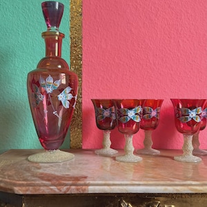 Vintage Mid-Century Ruby Red Glass Decanter Set – Hand Painted Floral Carafe with 6 Stemmed Glasses