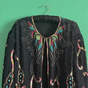 Vintage Alva Morgaine Black Beaded Sequin Evening Jacket – 1980s Statement Formal Jacket Men XL