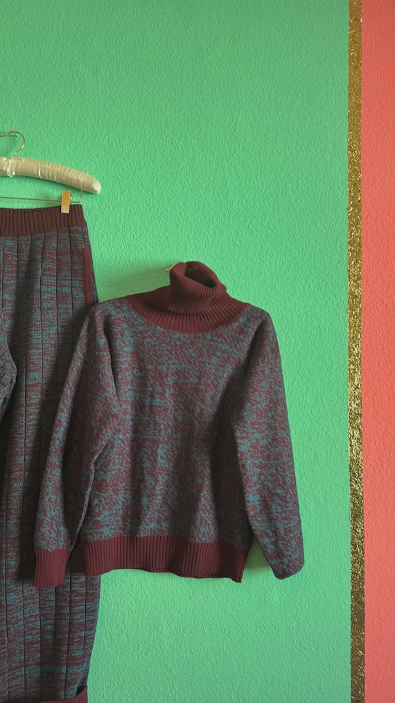 Yves Saint Laurent Rive Gauche, Vintage Saint Laurent Rive Gauche Wool Knit Set – 1980s Burgundy Teal Sweater Trouser Set – Women's XS S