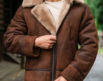 Men’s Spanish Shearling B3 Bomber Leather Jacket– Brown Suede Aviator Coat with Removable Hood