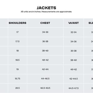 May include: A jacket size chart with measurements in inches. The chart includes sizes XS to 3XL, detailing neck, shoulder, chest, waist, sleeves, and body length measurements. The text at the top reads "JACKETS".