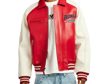 Men's Avirex 75ers Varsity Leather Jacket Iconic 90s Streetwear Aviator Style Jacket