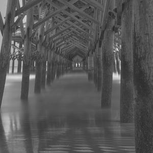 Eerie Apache Pier Black and White Photography, Moody Foggy Myrtle Beach Coastal Print