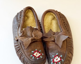 Vintage Beaded Leather Moccasin Slippers | Native Style Soft Sole House Shoes