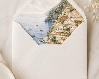 Fodera personalizzata per busta di matrimonio ad acquerello / Scena di cerimonia costiera (file digitale)