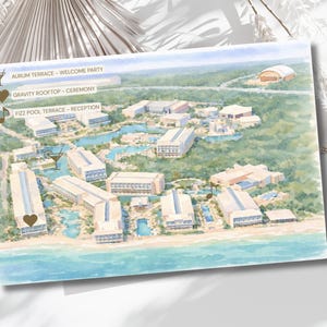 Peut inclure: Illustration à l'aquarelle d'une carte de complexe hôtelier avec des indications pour une fête de bienvenue, une cérémonie et une réception. La carte montre des bâtiments, des piscines et la mer. Sur fond blanc avec des éléments décoratifs.