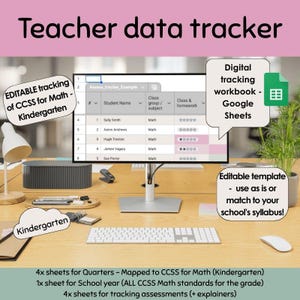 May include: A computer monitor displays a teacher data tracker spreadsheet. The screen shows student names, class, and homework grades. Text bubbles read "Editable tracking of CCSS for Math - Kindergarten" and "Digital tracking workbook - Google Sheets."