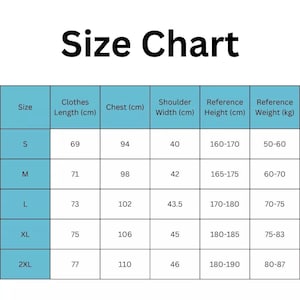 Puede incluir: Una tabla de tallas con el t&iacute;tulo "Size Chart" en negrita. La tabla muestra medidas para las tallas S, M, L, XL y 2XL, incluyendo informaci&oacute;n sobre la longitud de la ropa, el ancho de los hombros y el peso en cm y kg.