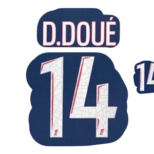 May include: A navy blue patch featuring the name "D. DOUÉ" in white lettering. Below, a larger patch displays the number "14" in white with red outlines. A smaller patch with the number "14" is also visible.