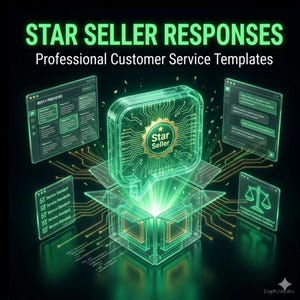 Può includere: Grafica digitale con il testo "STAR SELLER RESPONSES" e "Professional Customer Service Templates". L'immagine presenta una nuvoletta verde brillante con una stella, circondata da elementi di interfaccia digitale e un design di circuito stampato.