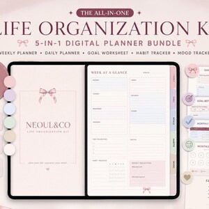 Pode incluir: Um kit de organização digital com um pacote de 5 planejadores, incluindo agenda semanal, diária, folha de metas, rastreador de hábitos e humor. O design em rosa suave apresenta ícones de laços e o texto NEOUL&CO.