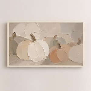 May include: A rectangular framed wall art piece featuring an impasto oil painting of multiple pumpkins in a neutral colour palette. The artwork displays thick, textured brushstrokes in shades of cream, beige, taupe, and soft tan on a light background.