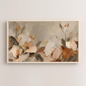 May include: A rectangular wall art piece featuring an abstract floral painting with thick, textured impasto brushstrokes. The color palette consists of muted beige, soft cream, warm tan, and deep brown tones, all framed in a simple white border.