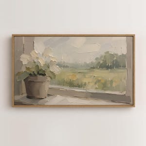 May include: A rectangular framed oil painting featuring a potted plant with white flowers sitting on a windowsill. The scene depicts a rainy landscape view through the window with muted green and gray tones, rendered in a thick, textured impasto style.